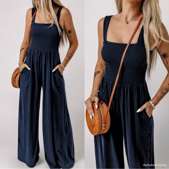 Boho Smocked Pocket Wide Leg Pants Jumpsuit Pink - Picture 2 of 6